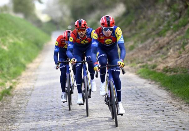 Lidl-Trek riders pictured in action during the reconnaissance of the track ahead of this year s Paris-Roubaix cycling race, Thursday 10 April 2025, around Roubaix, France. The Paris-Roubaix cycling races will take place this weekend, with the women riding on Saturday and the men on Sunday. JASPERxJACOBS  x120464283x