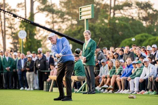 250410 Jack Nicklaus of The United States plays his shot from the first tee in the Honorary Starters ceremony during the first round of the 2025 Masters Golf Tournament on April 10, 2025 in Augusta Photo Petter Arvidson BILDBYRAN kod PA PA1007 bbeng golf masters the masters augusta us masters  Copyright: PETTERxARVIDSON BB250410PA001