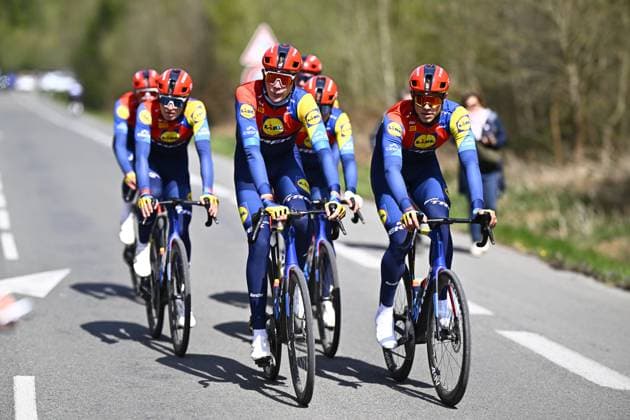 Lidl-Trek riders pictured in action during the reconnaissance of the track ahead of this year s Paris-Roubaix cycling race, Thursday 10 April 2025, around Roubaix, France. The Paris-Roubaix cycling races will take place this weekend, with the women riding on Saturday and the men on Sunday. JASPERxJACOBS  x120472514x