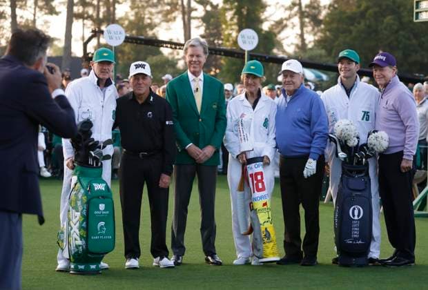 Honorary starters Jack Nicklaus and his wife Barbara, Tom Watson, and Gary Player (R to L) pose with caddies and Augusta National chairman Fred Ridley before teeing off on the first hole to open the first round of the Masters golf tournament at Augusta National Golf Club in Augusta, Georgia on Thursday, April 10, 2025.  AUG20250410512 TANNENxMAURY