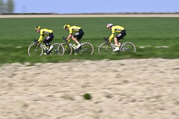 Riders of Team Visma-Lease a Bike pictured during the reconnaissance of the track ahead of this year s Paris-Roubaix cycling race, Thursday 10 April 2025, around Roubaix, France. The Paris-Roubaix cycling races will take place this weekend, with the women riding on Saturday and the men on Sunday. JASPERxJACOBS  x120474753x