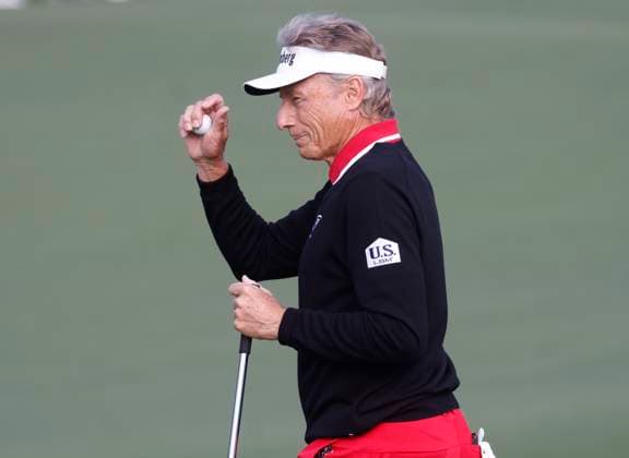 Bernhard Langer of Germany reacts after sinking a putt on the second hole during the first round of the Masters golf tournament at Augusta National Golf Club in Augusta, Georgia on Thursday, April 10, 2025. Langer, 67 and a two-time winner of the green jacket in 1985 and 1993, has announced that his 41st Masters appearance will be his last.  AUG20250410513 TANNENxMAURY