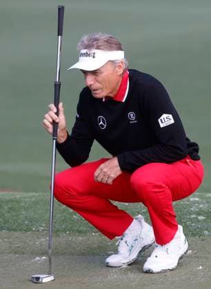 Bernhard Langer of Germany lines up a putt on the second hole during the first round of the Masters golf tournament at Augusta National Golf Club in Augusta, Georgia on Thursday, April 10, 2025. Langer, 67 and a two-time winner in 1985 and 1993, has announced that his 41st Masters appearance will be his last.  AUG20250410517 TANNENxMAURY