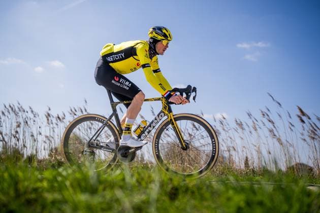 Dutch Dylan Van Baarle of Team Visma-Lease a Bike pictured in action during the reconnaissance of the track ahead of this year s Paris-Roubaix cycling race, Thursday 10 April 2025, around Roubaix, France. The Paris-Roubaix cycling races will take place this weekend, with the women riding on Saturday and the men on Sunday. JASPERxJACOBS  x120489887x