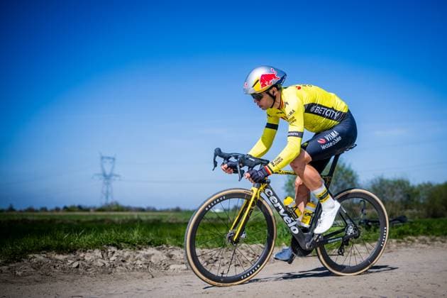 Belgian Wout van Aert of Team Visma-Lease a Bike pictured in action during the reconnaissance of the track ahead of this year s Paris-Roubaix cycling race, Thursday 10 April 2025, around Roubaix, France. The Paris-Roubaix cycling races will take place this weekend, with the women riding on Saturday and the men on Sunday. JASPERxJACOBS  x120489893x
