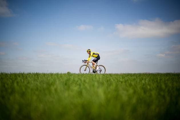 Dutch Dylan Van Baarle of Team Visma-Lease a Bike pictured in action during the reconnaissance of the track ahead of this year s Paris-Roubaix cycling race, Thursday 10 April 2025, around Roubaix, France. The Paris-Roubaix cycling races will take place this weekend, with the women riding on Saturday and the men on Sunday. JASPERxJACOBS  x120490929x