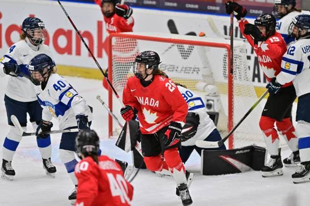 Second Canadian goal, Emily Clark (CAN; middle) is seen during the IIHF Women s World Championship, WM, Weltmeisterschaft Group A, match Canada vs Finland, in Ceske Budejovice, Czech Republic, on April 10, 2025. (CTKxPhoto VaclavxPancer) CTKPhotoP2025041008481  CTKPhotoP2025041008481