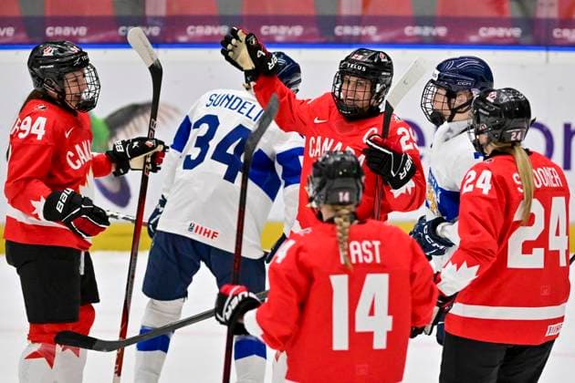 Marie-Philip Poulin (CAN; middle) is seen during the IIHF Women s World Championship, WM, Weltmeisterschaft Group A, match Canada vs Finland, in Ceske Budejovice, Czech Republic, on April 10, 2025. (CTKxPhoto VaclavxPancer) CTKPhotoP2025041008790  CTKPhotoP2025041008790