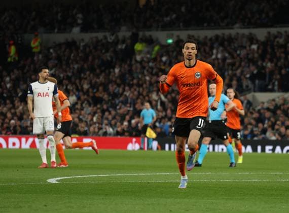 Hugo Ekitike (EF) celebrates scoring the first Eintracht goal (0-1) at the Tottenham Hotspur v Eintracht Frankfurt UEFA Europa League match, at the Tottenham Hotspur Stadium, London, UK on 10th April, 2025. 