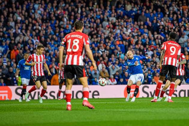 Rangers v Athletic Bilbao UEFA Europa League Vaclav Cerny of Rangers shoots during the UEFA Europa League Quarter-final First Leg match at Ibrox Stadium, Glasgow UK Newspapers OUT Copyright: xJamiexJohnstonx FIL-21689-0055
