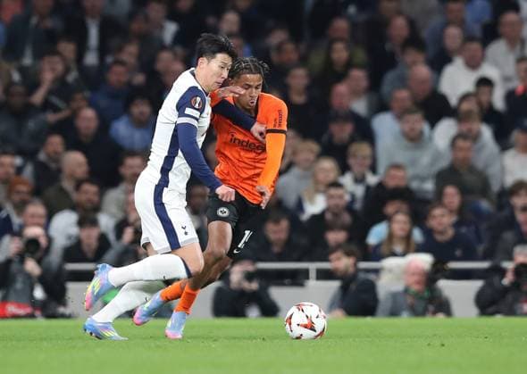 10 04 2025, xtgx, Football Europa League 1 4 Final, Tottenham Hotspur Eintracht Frankfurt v l Heung Min Son of Tottenham Hotspur, Jean Matteo Bahoya Eintracht Frankfurt DFL DFB REGULATIONS PROHIBIT ANY USE OF PHOTOGRAPHS as IMAGE SEQUENCES and or QUASI VIDEO London