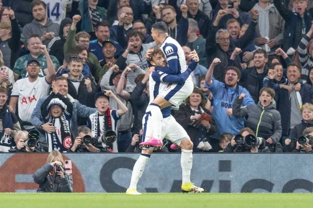 Tottenham Hotspur v Eintracht Frankfurt, UEFA Europa League, Quarter-Final, Leg 1 of 2, Football, The Tottenham Hotspur Stadium, London, UK - 10 Apr 2025 Goal. Pedro Porro of Tottenham Hotspur celebrates after scoring the second goal of the game London Tottenham Hotspur Stadium London GBR, UK NEWSPAPERS OUT Copyright: xEllixBirchx
