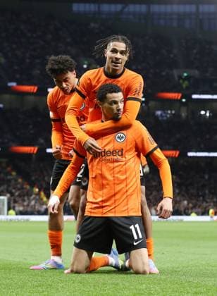 10 04 2025, xtgx, Football Europa League 1 4 Final, Tottenham Hotspur Eintracht Frankfurt v l Nathaniel Brown Eintracht Frankfurt , Hugo Ekitike Eintracht Frankfurt celebrate the goal, Der Torjubel zum 0 1, Jean Matteo Bahoya Eintracht Frankfurt DFL DFB REGULATIONS PROHIBIT ANY USE OF PHOTOGRAPHS as IMAGE SEQUENCES and or QUASI VIDEO London