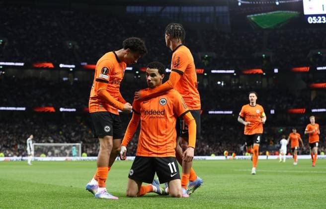10 04 2025, xtgx, Football Europa League 1 4 Final, Tottenham Hotspur Eintracht Frankfurt v l Nathaniel Brown Eintracht Frankfurt , Hugo Ekitike Eintracht Frankfurt celebrate the goal, Der Torjubel zum 0 1, Jean Matteo Bahoya Eintracht Frankfurt DFL DFB REGULATIONS PROHIBIT ANY USE OF PHOTOGRAPHS as IMAGE SEQUENCES and or QUASI VIDEO London