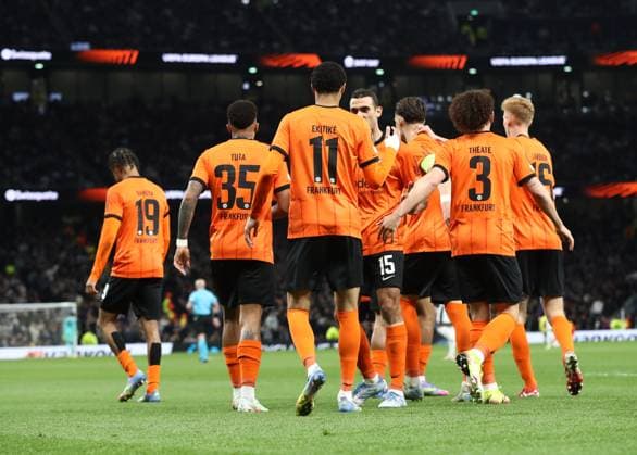 10 04 2025, xtgx, Football Europa League 1 4 Final, Tottenham Hotspur Eintracht Frankfurt v l Hugo Ekitike Eintracht Frankfurt celebrate the goal, Der Torjubel zum 0 1 DFL DFB REGULATIONS PROHIBIT ANY USE OF PHOTOGRAPHS as IMAGE SEQUENCES and or QUASI VIDEO London