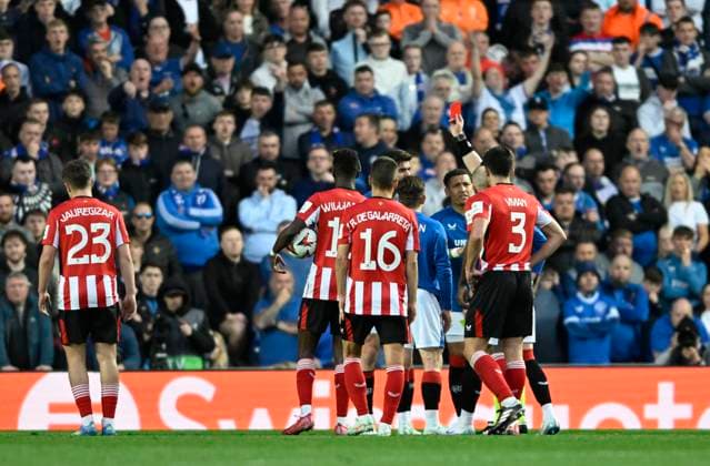 Glasgow, Scotland, 10th April 2025. Robin Pröpper of Rangers was sent off during the Rangers vs Athletic Bilbao UEFA Europa League match at Ibrox Stadium, Glasgow. Picture credit should read: Neil Hanna Sportimage EDITORIAL USE ONLY. No use with unauthorised audio, video, data, fixture lists, club league logos or live services. Online in-match use limited to 120 images, no video emulation. No use in betting, games or single club league player publications. SPI_022_NH_Rangers_AthleticClub SPI-3841-0022