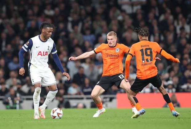 10 04 2025, xtgx, Football Europa League 1 4 Final, Tottenham Hotspur Eintracht Frankfurt v l Destiny Udogie Tottenham Hotspur , Rasmus Kristensen Eintracht Frankfurt , Jean Matteo Bahoya Eintracht Frankfurt DFL DFB REGULATIONS PROHIBIT ANY USE OF PHOTOGRAPHS as IMAGE SEQUENCES and or QUASI VIDEO London