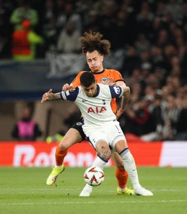 Cristian Romero (TH) Amil Siljevic (EF) at the Tottenham Hotspur v Eintracht Frankfurt UEFA Europa League match, at the Tottenham Hotspur Stadium, London, UK on 10th April, 2025. 