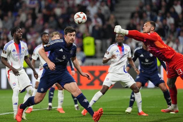 Lucas Perri of Lyon clears from Harry Maguire of Man Utd Olympique Lyonnais v Manchester United, ManU UEFA Europa League, Quarter Final, First Leg, Football, Groupama Stadium, Lyon, France - 10 Apr 2025 EDITORIAL USE ONLY No use with unauthorised audio, video, data, fixture lists, club league logos or live services. Online in-match use limited to 120 images, no video emulation. No use in betting, games or single club league player publications. Copyright: xDavexWinter Shutterstockx 15243617bd