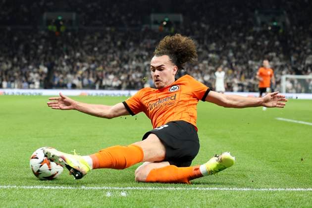 10th April 2025; Tottenham Hotspur Stadium, London, England; UEFA Europa League Quarter Final First Leg Football, Tottenham Hotspur versus Eintracht Frankfurt; Arthur Theate of Eintracht Frankfurt clearing the ball from crossing the touch line  ActionPlus12772919 HenningxVonxJagow