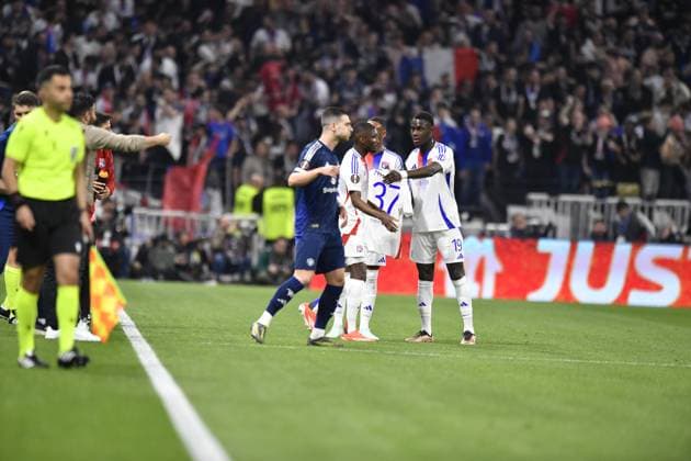 FOOTBALL : Olympique lyonnais vs Manchester United, ManU - Ligue Europa - 10 04 2025 Thiago ALMADA celebrates scoring goal during the quater final Europa League game between Olympique Lyonnais and Manchester United (England) at the Groupama stadium in Decines-Charpieu Lyon, France on April 10, 2025  Copyright: xMourad_ALLILIx