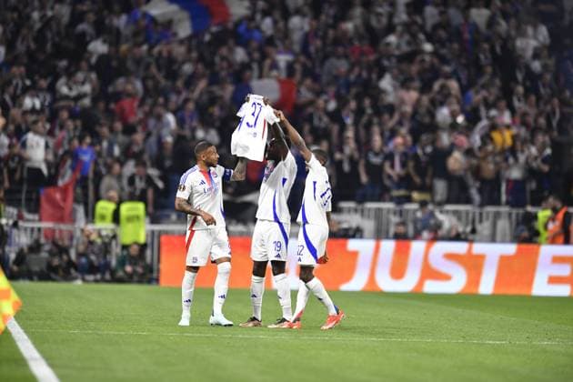 FOOTBALL : Olympique lyonnais vs Manchester United, ManU - Ligue Europa - 10 04 2025 Thiago ALMADA celebrates scoring goal during the quater final Europa League game between Olympique Lyonnais and Manchester United (England) at the Groupama stadium in Decines-Charpieu Lyon, France on April 10, 2025  Copyright: xMourad_ALLILIx