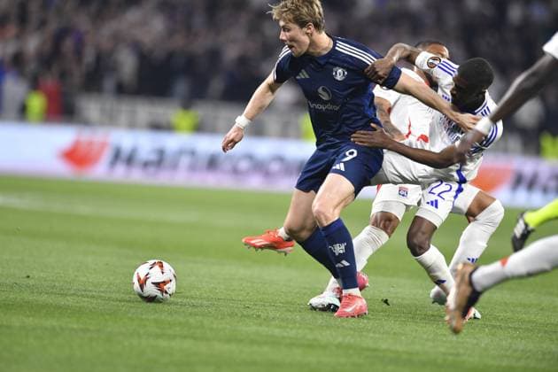 FOOTBALL : Olympique lyonnais vs Manchester United, ManU - Ligue Europa - 10 04 2025 Rasmus HOJLAND of Manchester united during the quater final Europa League game between Olympique Lyonnais and Manchester United (England) at the Groupama stadium in Decines-Charpieu Lyon, France on April 10, 2025  Copyright: xMourad_ALLILIx