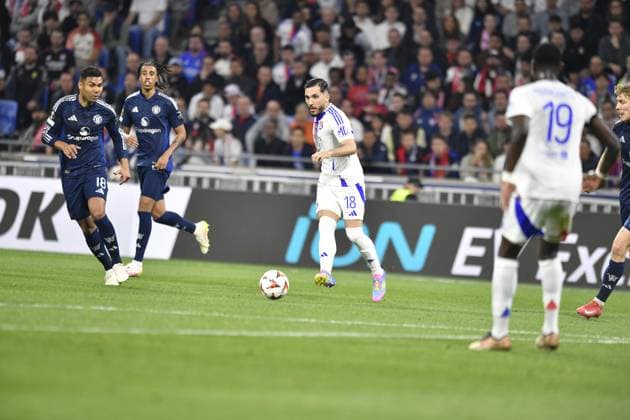 FOOTBALL : Olympique lyonnais vs Manchester United, ManU - Ligue Europa - 10 04 2025 Rayan CHERKI of Lyon during the quater final Europa League game between Olympique Lyonnais and Manchester United (England) at the Groupama stadium in Decines-Charpieu Lyon, France on April 10, 2025  Copyright: xMourad_ALLILIx