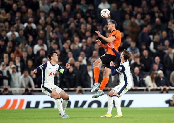 10 04 2025, xtgx, Football Europa League 1 4 Final, Tottenham Hotspur Eintracht Frankfurt v l Heung Min Son of Tottenham Hotspur, Ellyes Skhiri Eintracht Frankfurt , James Maddison of Tottenham Hotspur DFL DFB REGULATIONS PROHIBIT ANY USE OF PHOTOGRAPHS as IMAGE SEQUENCES and or QUASI VIDEO London