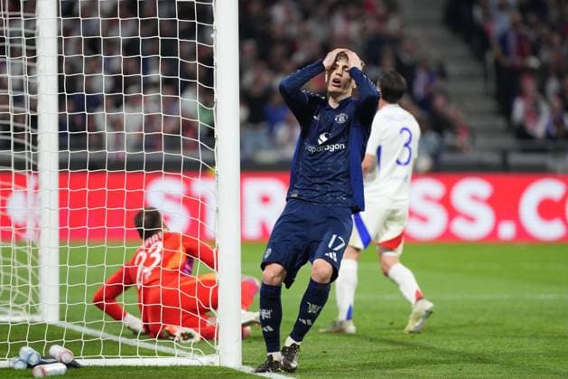 Alejandro Garnacho of Man Utd is incredulous after his shot is saved by Lucas Perri of Lyon Olympique Lyonnais v Manchester United, ManU UEFA Europa League, Quarter Final, First Leg, Football, Groupama Stadium, Lyon, France - 10 Apr 2025 EDITORIAL USE ONLY No use with unauthorised audio, video, data, fixture lists, club league logos or live services. Online in-match use limited to 120 images, no video emulation. No use in betting, games or single club league player publications. Copyright: xDavexWinter Shutterstockx 15243617by