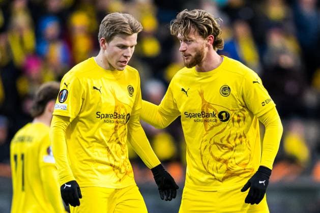 250410 Jens Petter Hauge and Kasper Hogh of Bodo Glimt during the UEFA Europa League quarter final football match between Bodo Glimt and Lazio on April 10, 2025 in Bodo Photo Marius Simensen BILDBYRAN COP 238 bbeng bodo bodo glimt football fotball fotboll kvartfinale lazio quarter final soccer uefa europa league  Copyright: MARIUSxSIMENSEN BB250410ZV011