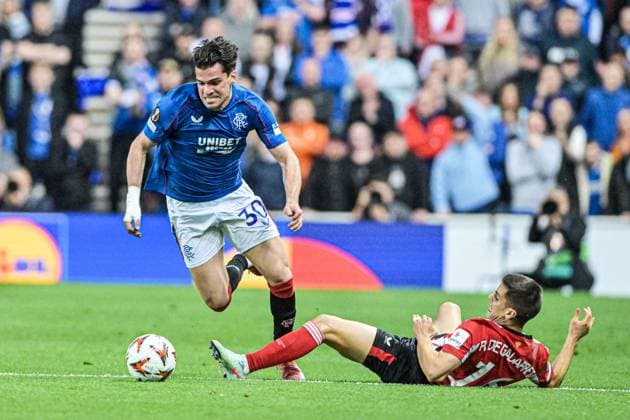 Rangers v Athletic Bilbao UEFA Europa League Ianis Hagi of Rangers and Inigo Ruiz de Galarreta of Athletic Bilbao during the UEFA Europa League Quarter-final First Leg match at Ibrox Stadium, Glasgow UK Newspapers OUT Copyright: xJamiexJohnstonx FIL-21689-0085