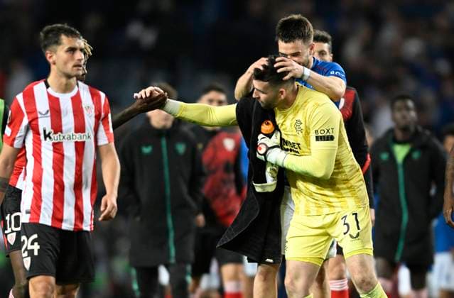 Glasgow, Scotland, 10th April 2025. Penalty hero Liam Kelly of Rangers is congratulated by Nicolas Raskin of Rangers at full-time after the Rangers vs Athletic Bilbao UEFA Europa League match at Ibrox Stadium, Glasgow. Picture credit should read: Neil Hanna Sportimage EDITORIAL USE ONLY. No use with unauthorised audio, video, data, fixture lists, club league logos or live services. Online in-match use limited to 120 images, no video emulation. No use in betting, games or single club league player publications. SPI_042_NH_Rangers_AthleticClub SPI-3841-0042