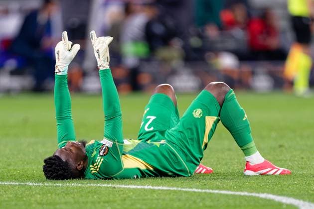 Lyon, France, April 10 2025 : Andre Onana (24 Manchester United, ManU after his team scores the second goal during the UEFA Europa League game between Olympique Lyonnais and Manchester United at Groupama Stadium in Lyon, France (Giuseppe Velletri SPP) Copyright: xGiuseppexVelletrix xSPPx spp-en-GiVeSp-DZ9_5331