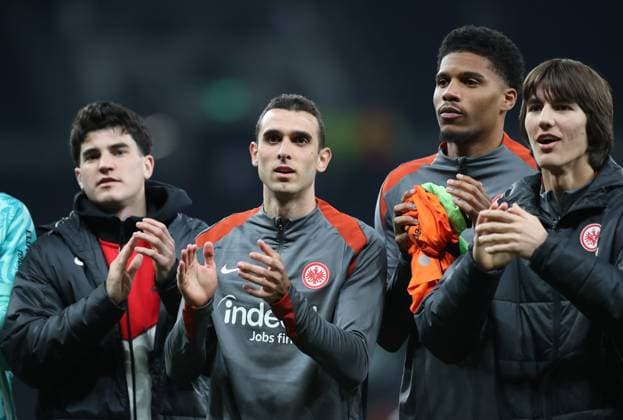 10 04 2025, xtgx, Football Europa League 1 4 Final, Tottenham Hotspur Eintracht Frankfurt v l Krisztian Lisztes Eintracht Frankfurt , Ellyes Skhiri Eintracht Frankfurt , Aurele Amenda Eintracht Frankfurt , Amil Siljevic Eintracht Frankfurt would like to thank the fans DFL DFB REGULATIONS PROHIBIT ANY USE OF PHOTOGRAPHS as IMAGE SEQUENCES and or QUASI VIDEO London