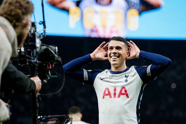 London, England, April 10 2025: Pedro Porro (23 Tottenham Hotspur) celebrates his goal during the UEFA Europa League game between Tottenham Hotspur and Eintracht Frankfurt at Tottenham Hotspur Stadium in London, England. (Pedro Porru SPP) Copyright: xPedroxPorrux xSPPx spp-en-PePoSp-4F8A2977_DxO