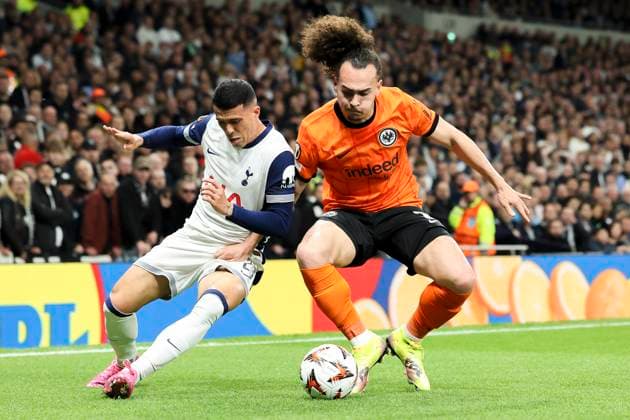 10th April 2025; Tottenham Hotspur Stadium, London, England; UEFA Europa League Quarter Final First Leg Football, Tottenham Hotspur versus Eintracht Frankfurt; Pedro Porro of Tottenham and Arthur Theate of Eintracht Frankfurt compete for the ball  ActionPlus12772968 HenningxVonxJagow