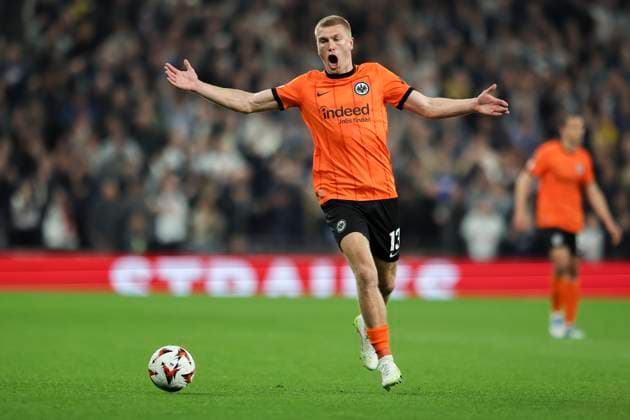 10th April 2025; Tottenham Hotspur Stadium, London, England; UEFA Europa League Quarter Final First Leg Football, Tottenham Hotspur versus Eintracht Frankfurt; Rasmus Kristensen of Eintracht Frankfurt looks dejected as his team are penalised  ActionPlus12772978 HenningxVonxJagow