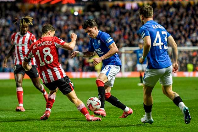 Rangers v Athletic Bilbao UEFA Europa League Ianis Hagi of Rangers and Oscar de Marcos of Athletic Bilbao during the UEFA Europa League Quarter-final First Leg match at Ibrox Stadium, Glasgow UK Newspapers OUT Copyright: xJamiexJohnstonx FIL-21689-0152