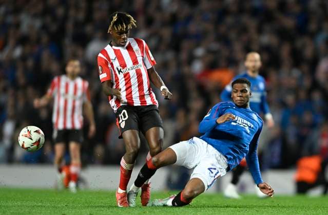 Glasgow, Scotland, 10th April 2025. Nico Williams of Athletic Club Bilbao and Dujon Sterling of Rangers during the Rangers vs Athletic Bilbao UEFA Europa League match at Ibrox Stadium, Glasgow. Picture credit should read: Neil Hanna Sportimage EDITORIAL USE ONLY. No use with unauthorised audio, video, data, fixture lists, club league logos or live services. Online in-match use limited to 120 images, no video emulation. No use in betting, games or single club league player publications. SPI_047_NH_Rangers_AthleticClub SPI-3841-0047