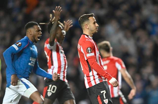 Glasgow, Scotland, 10th April 2025. Alex Berenguer of Athletic Club Bilbao saw his penalty saved by Liam Kelly of Rangers during the Rangers vs Athletic Bilbao UEFA Europa League match at Ibrox Stadium, Glasgow. Picture credit should read: Neil Hanna Sportimage EDITORIAL USE ONLY. No use with unauthorised audio, video, data, fixture lists, club league logos or live services. Online in-match use limited to 120 images, no video emulation. No use in betting, games or single club league player publications. SPI_050_NH_Rangers_AthleticClub SPI-3841-0050