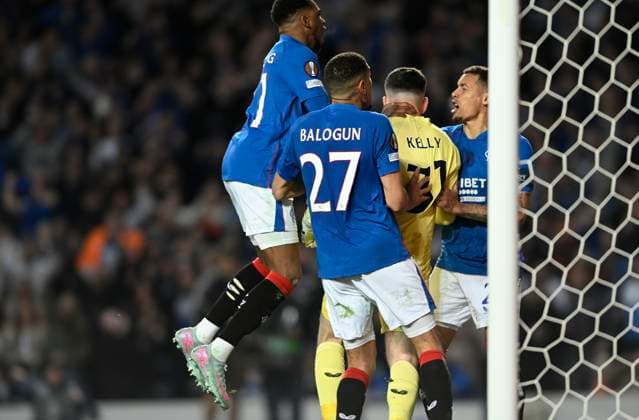 Glasgow, Scotland, 10th April 2025. Rangers players rush to celebrate with Liam Kelly of Rangers after his penalty save during the Rangers vs Athletic Bilbao UEFA Europa League match at Ibrox Stadium, Glasgow. Picture credit should read: Neil Hanna Sportimage EDITORIAL USE ONLY. No use with unauthorised audio, video, data, fixture lists, club league logos or live services. Online in-match use limited to 120 images, no video emulation. No use in betting, games or single club league player publications. SPI_053_NH_Rangers_AthleticClub SPI-3841-0053