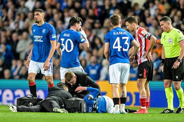 Rangers v Athletic Bilbao UEFA Europa League Bailey Rice down and receives treatment during the UEFA Europa League Quarter-final First Leg match at Ibrox Stadium, Glasgow UK Newspapers OUT Copyright: xJamiexJohnstonx FIL-21689-0120