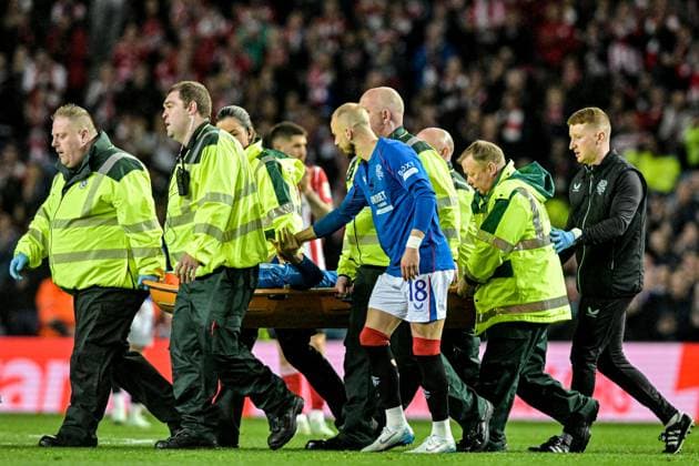 Rangers v Athletic Bilbao UEFA Europa League Bailey Rice is taken off injured as Vaclav Cerny reacts out to him during the UEFA Europa League Quarter-final First Leg match at Ibrox Stadium, Glasgow UK Newspapers OUT Copyright: xJamiexJohnstonx FIL-21689-0123