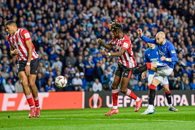 Rangers v Athletic Bilbao UEFA Europa League Vaclav Cerny of Rangers shoots during the UEFA Europa League Quarter-final First Leg match at Ibrox Stadium, Glasgow UK Newspapers OUT Copyright: xJamiexJohnstonx FIL-21689-0139