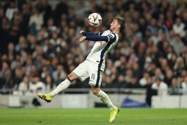 London, England, April 10th 2025: James Maddison of Tottenham Hotspur controls the ball during the UEFA Europa League match between Tottenham Hotspur and Eintracht Frankfurt at Tottenham Hotspur Stadium in London, England (Alexander Canillas SPP) Copyright: xAlexanderxCanillas SPPx spp-en-AlCa-9U2A0046