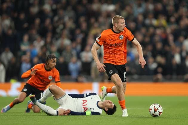 London, England, April 10th 2025: Rasmus Kristensen of Eintracht Frankfurt continues the play after Jean-Matteo Bahoya of Eintracht Frankfurt foul on Son Heung-Min of Tottenham Hotspur during the UEFA Europa League match between Tottenham Hotspur and Eintracht Frankfurt at Tottenham Hotspur Stadium in London, England (Alexander Canillas SPP) Copyright: xAlexanderxCanillas SPPx spp-en-AlCa-9U2A9574