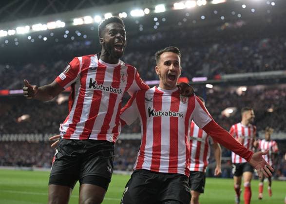 Glasgow, Scotland, 10th April 2025. Before the goal was disallowed Inaki Williams of Athletic Club Bilbao celebrates with goalscorer Alex Berenguer of Athletic Club Bilbao during the Rangers vs Athletic Bilbao UEFA Europa League match at Ibrox Stadium, Glasgow. Picture credit should read: Neil Hanna Sportimage EDITORIAL USE ONLY. No use with unauthorised audio, video, data, fixture lists, club league logos or live services. Online in-match use limited to 120 images, no video emulation. No use in betting, games or single club league player publications. SPI_96_NH_Rangers_AthleticClub SPI-3841-0097