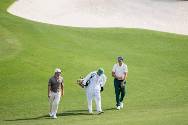 250410 Ludvig Aberg of Sweden and Rory McIlroy of Northern Ireland during the first round of the 2025 Masters Golf Tournament on April 10, 2025 in Augusta Photo Petter Arvidson BILDBYRAN kod PA PA1007 bbeng golf masters the masters augusta us masters sverige  Copyright: PETTERxARVIDSON BB250410PA194