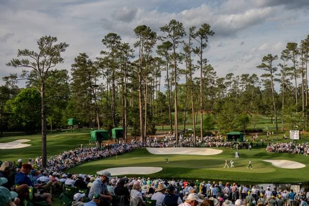 250410 Akshay Bhatia of the United States, Ludvig Aberg of Sweden and Rory McIlroy of Northern Ireland on the 16th green during the first round of the 2025 Masters Golf Tournament on April 10, 2025 in Augusta Photo Petter Arvidson BILDBYRAN kod PA PA1007 bbeng golf masters the masters augusta us masters sverige  Copyright: PETTERxARVIDSON BB250410PA231